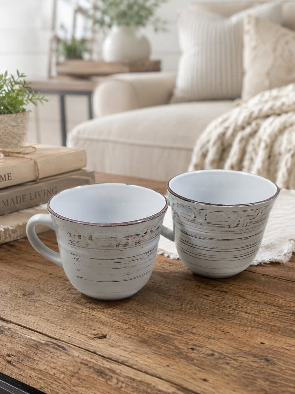 Pfaltzgraff Trellis White Coffee Mugs Set of 2 Farmhouse Cottage Stoneware